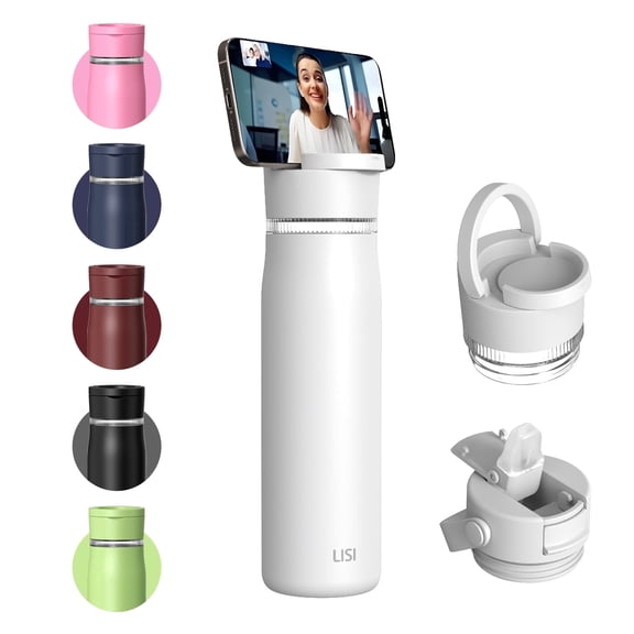 24oz Stainless Steel Water Bottle with Phone Holder Lid, White
