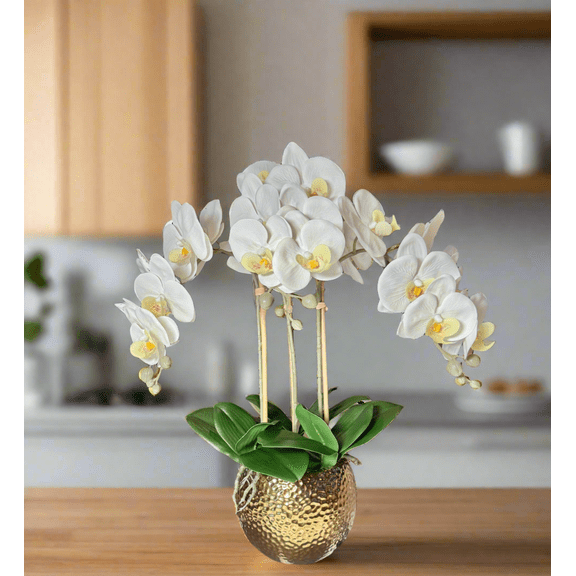 Selina Real Touch White Orchid Arrangement in Gold Ceramic Round Hammered Vase Phalaenopsis Floral