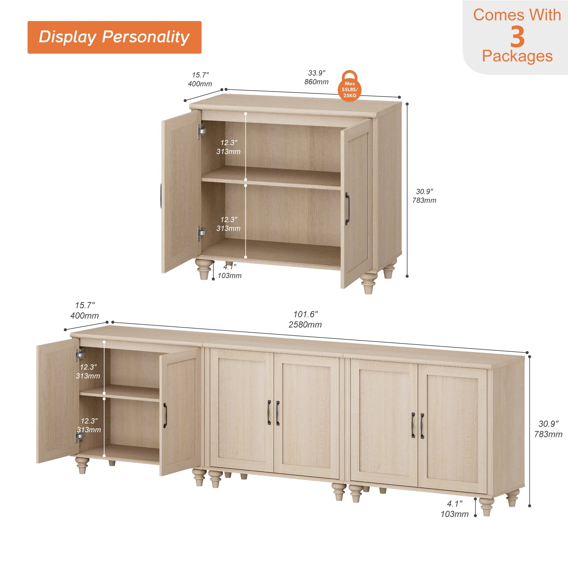 TV Stand For 100 Inch TV Inch TV, 3-In-1 TV Console Table For 75/80/85/90 Inch TV, Entertainment Center With 6 Wood Doors, Beige