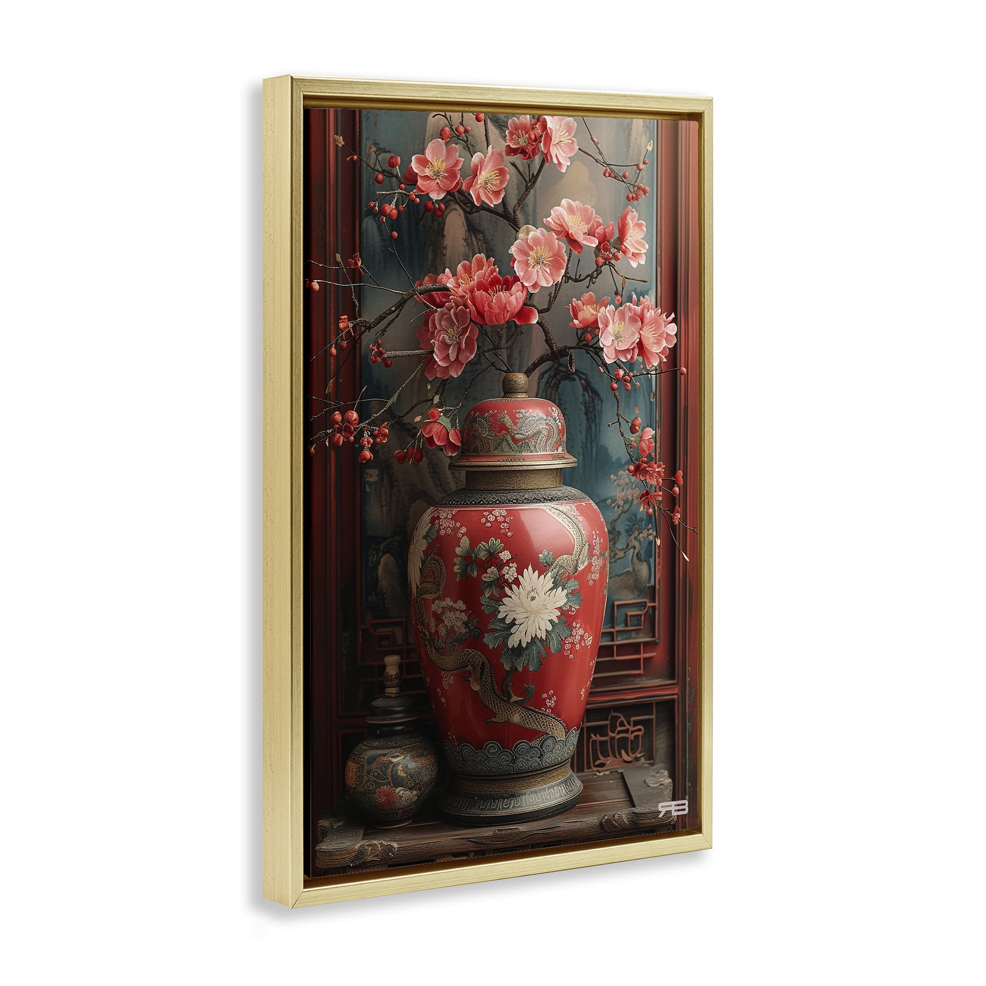Stupell Industries Traditional Asian Vase Botanical & Floral Painting Gold Floater Framed Art Print Wall Art, 21 x 31