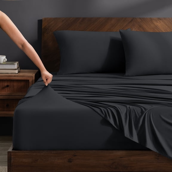 Bare Home Cooling Performance Jersey Knit Stretch Sheet Set, Moisture-Wicking & Breathable, 4-Way Stretch Bed Sheets, Envelope Pillowcases (King, Black)