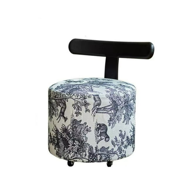 Tabouret de Coiffeuse Rond Moderne Rembourré avec Dossier en T, Tissu à Imprimé Animal Vintage et Roulettes Pivotantes à 360° - Noir et Blanc