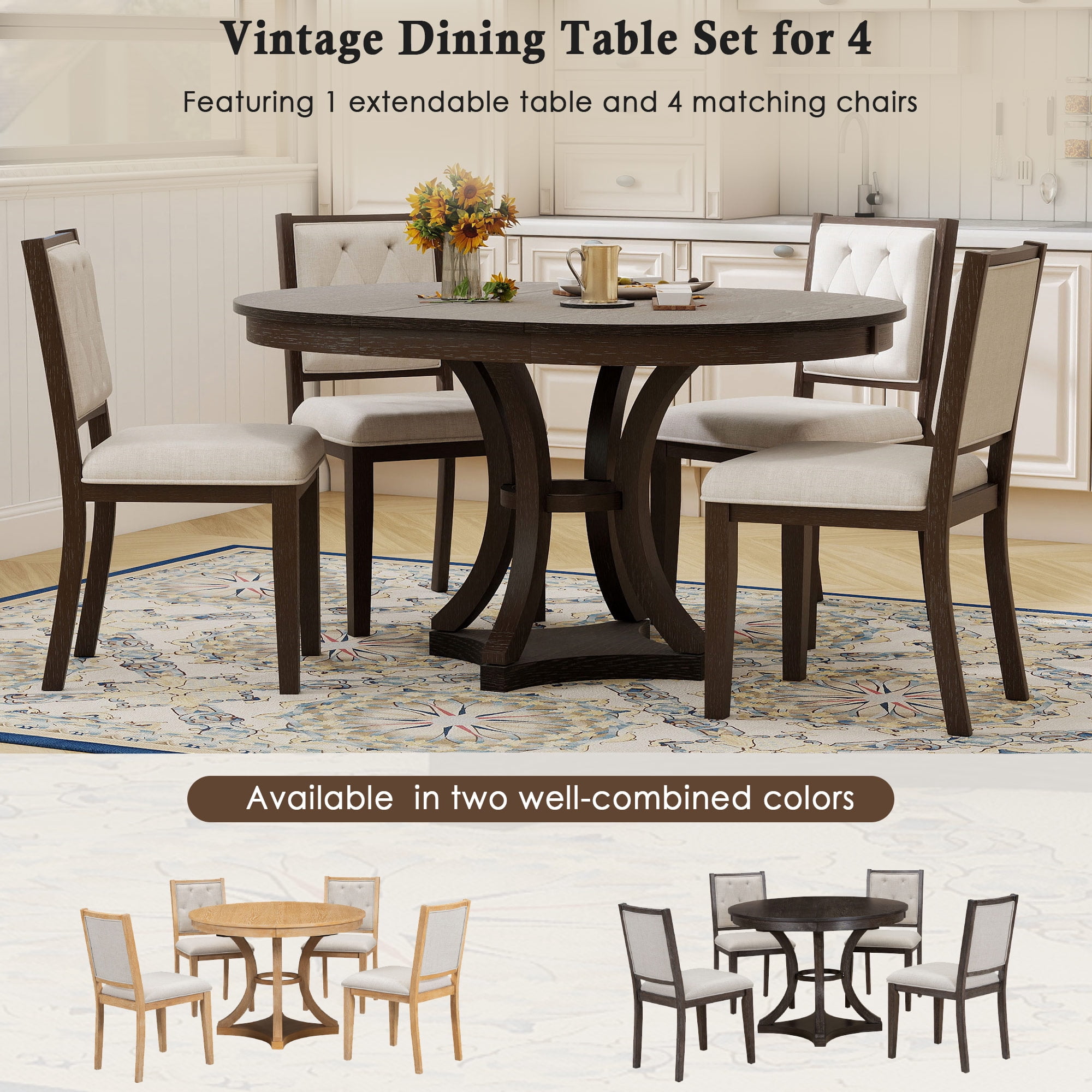 Mintazer 5 Piece Extendable Round Dining Table Set, Retro Expandable Dining Set with Round Table & 4 Tufted Upholstered Chairs for Living Room Dining Room, Espresso