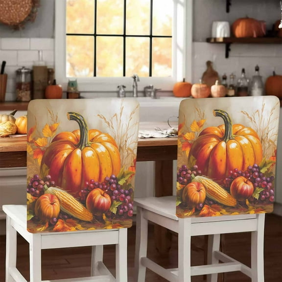 Fall Harvest Chair Covers Set of 6 Orange Pumpkin Grape Corn Maple Leave Chair Back Covers Stretch Removable Washable Slipcovers Protector for Dining Room Kitchen Party Decor