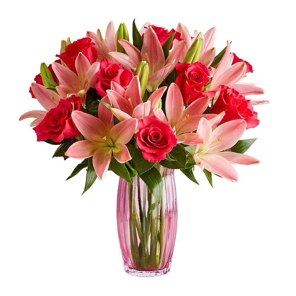 1800 Flowers - Magnificent Pink Rose & Lily Bouquet: Pink & Multicolor Fresh Cut Flowers with Clear Vase Decorative
