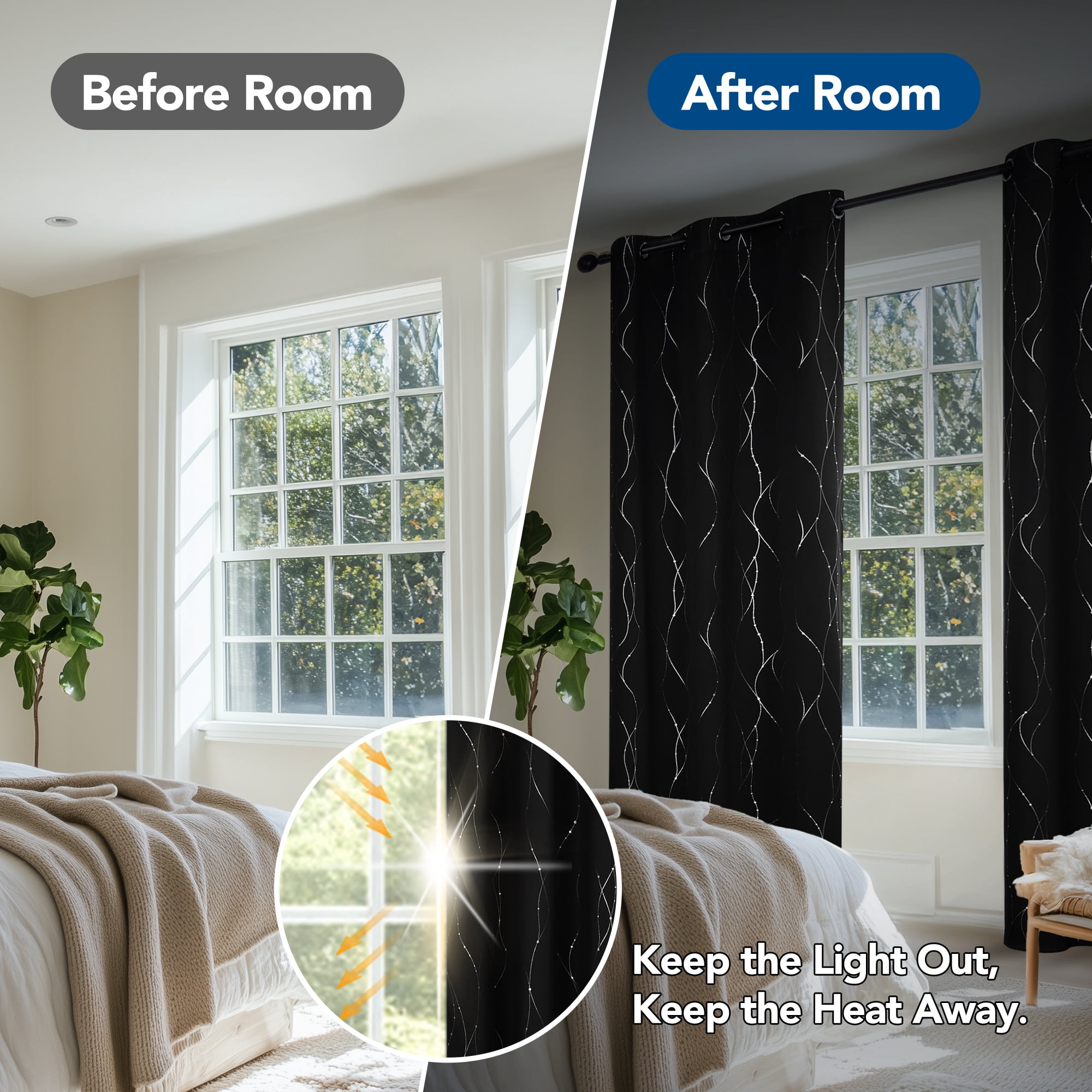 Deconovo Silver Printed Blackout Curtains - 2 Panels, Wave Dots Pattern, Grommet Top, 42"x63", Thermal Insulated Drapes for Bedroom & Living Room, Black