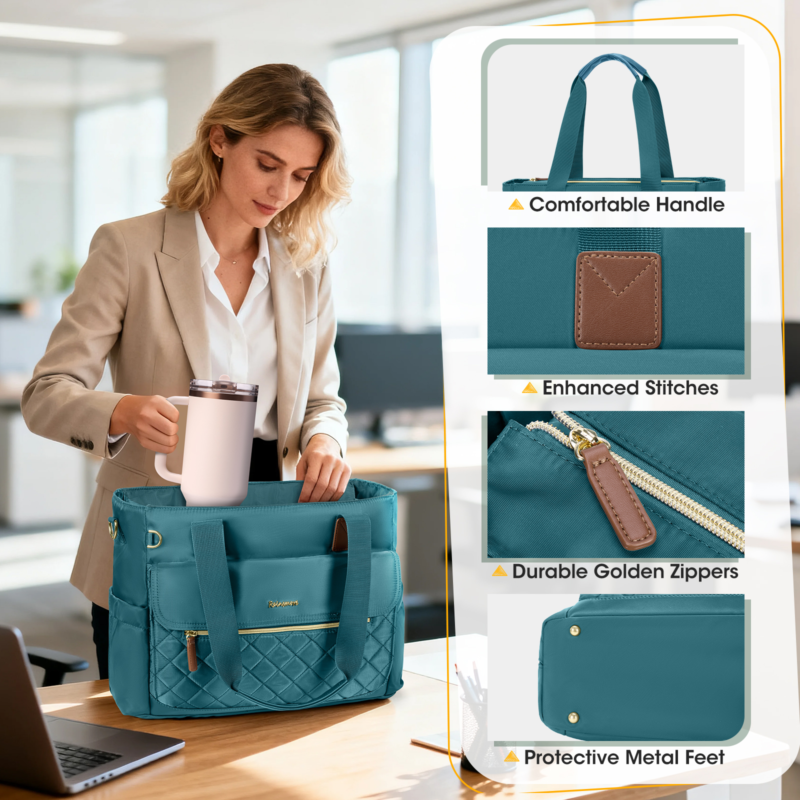 RAINSMORE Teacher Tote Bag 15.6 inch Laptop Bag for Women with Small Bag Professional Work Tote Bags Nurse Bag Computer Briefcase,Dark green