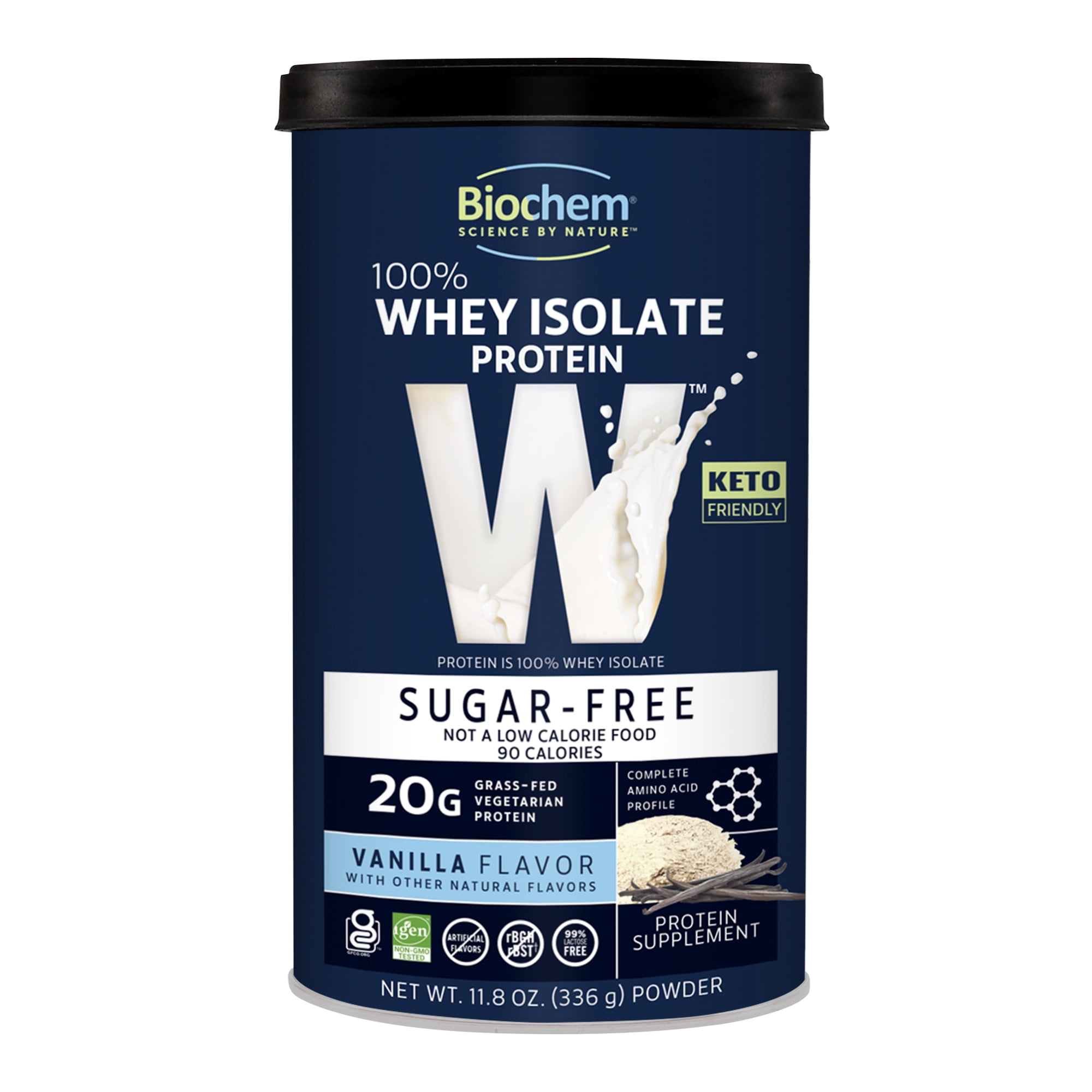 Biochem 100% Whey Sugar-Free Vanilla 20g, 11.8oz, Certified Vegetarian, Certified Gluten Free, Certified Non-GMO tested, Keto Friendly, Grass-Fed