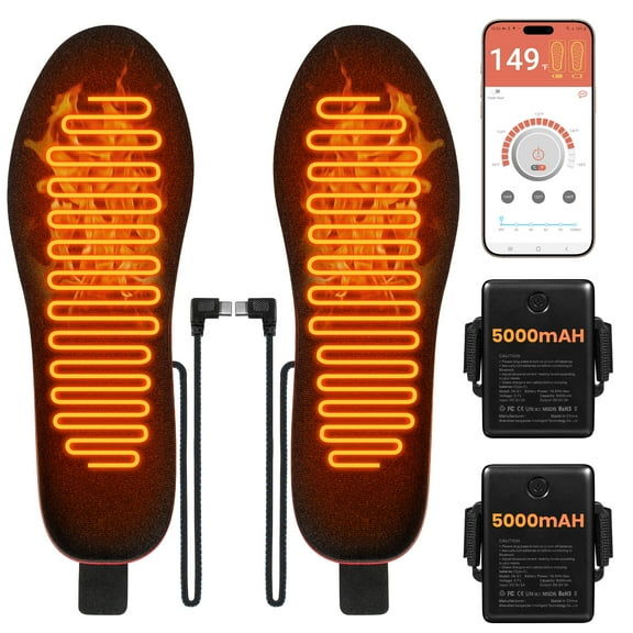 Heated Insoles for Men & Women, 5000mAh Rechargeable Foot Warmers with APP Control & 4 Heat Settings (104°F-158°F), Size 8.5-12, for Skiing, Heated Insoles for Camping, Fishing, Outdoor Activities