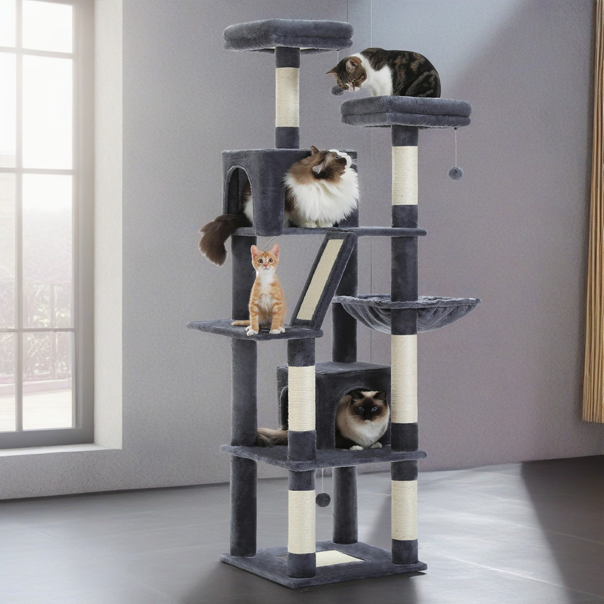 Pefilos 70" Large Cat Tree for Indoor Cats, Multi-Level Cat Tower Cat Scratching Post with 2 Perches, 2 Condos, Hammock and 2 Pompoms, Dark Gray
