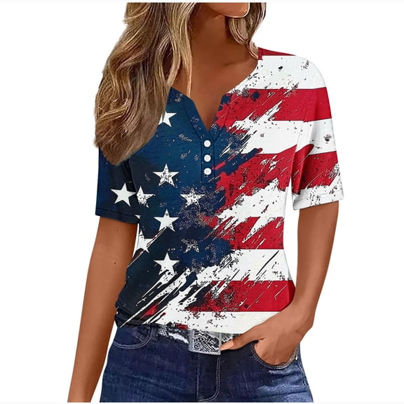 Idoravan Womens Tops Short Sleeve Summer Ladies' Independence Day Printed V-neck Button T-shirt Loose Shirt