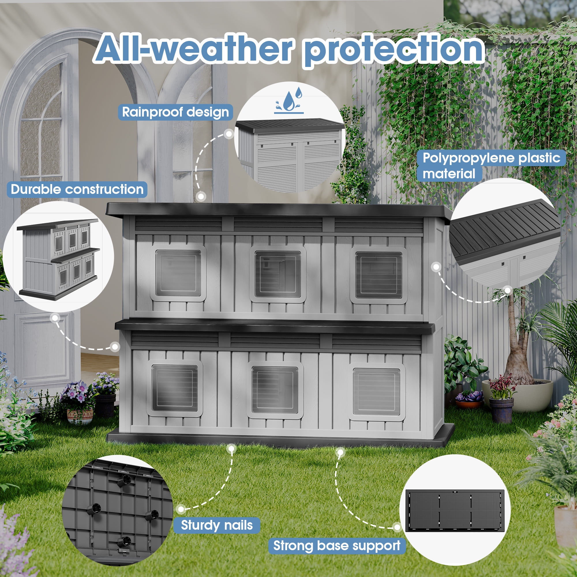 Bifanuo Outdoor Cat House,Double-Decker Resin Cat House,Weatherproof UV Protection Cat Shelter for Feral Cats,Assemble Easily for Home & Yard,Black&Gray