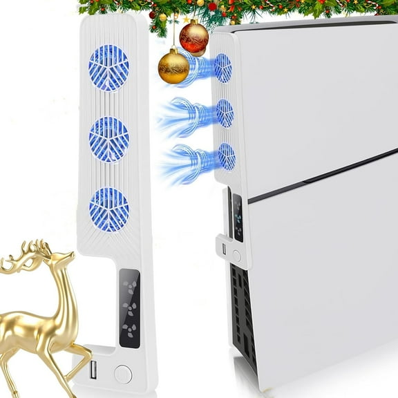 Cooling Fan for PS5 Slim Digital & Disc Edition, Quiet Cooler Accessories with 3 Fan Speeds, USB Port-White
