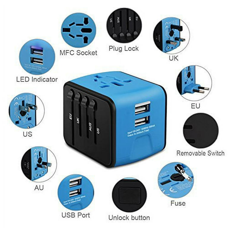 VizGiz 2 Pack Universal Power Travel Plug Adapter EU/UK/CN/AU to FR DE to  US Wall Outlet Power Charger Converter European to American Asia