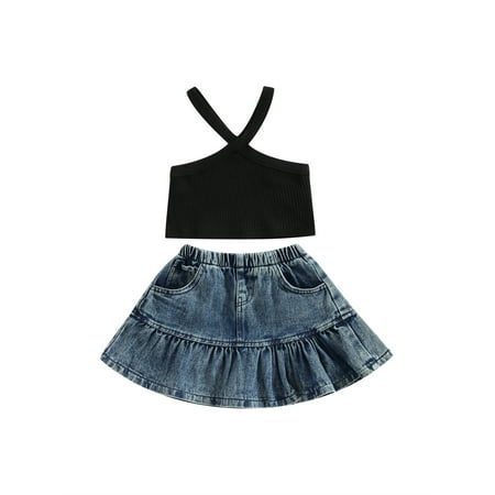 

Bagilaanoe 2Pcs Toddler Baby Girls Skirt Set Sleeveless Ribbed Camisole Tops + Denim Skirt 12M 18M 24M 3T 4T 5T Kids Casual Outfits