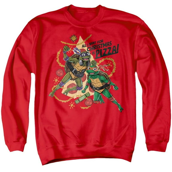 TMNT: Mutant Mayhem Christmas Pizza Michelangelo Donatello Unisex Adult Crewneck Sweatshirt, Red, 3X-Large