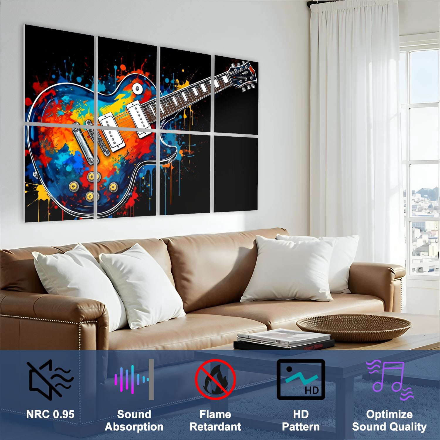 Musical 8 Pack Art Acoustic Panels Sound Absorbing Colorful Electric Guitar Abstract Paint Splashes Decorative Soundproof Wall Panels Self Adhesive for Nursery Game Room Music Classroom 48"x32"