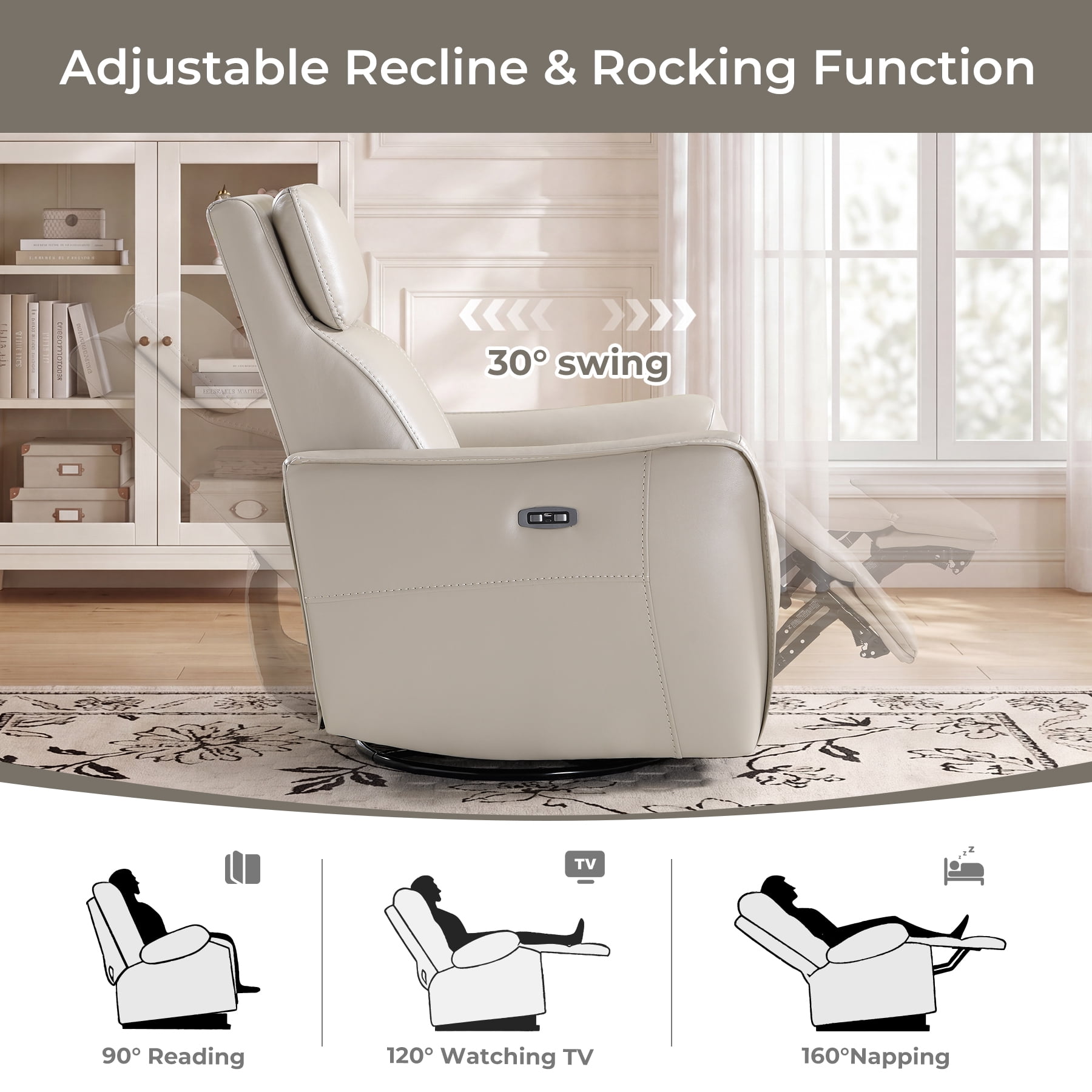 Ebello Power PU Leather Swivel Rocker Recliner, Electric Swivel Glider Chair with USB & Type-C Ports for Nursery, Living Room, Gray