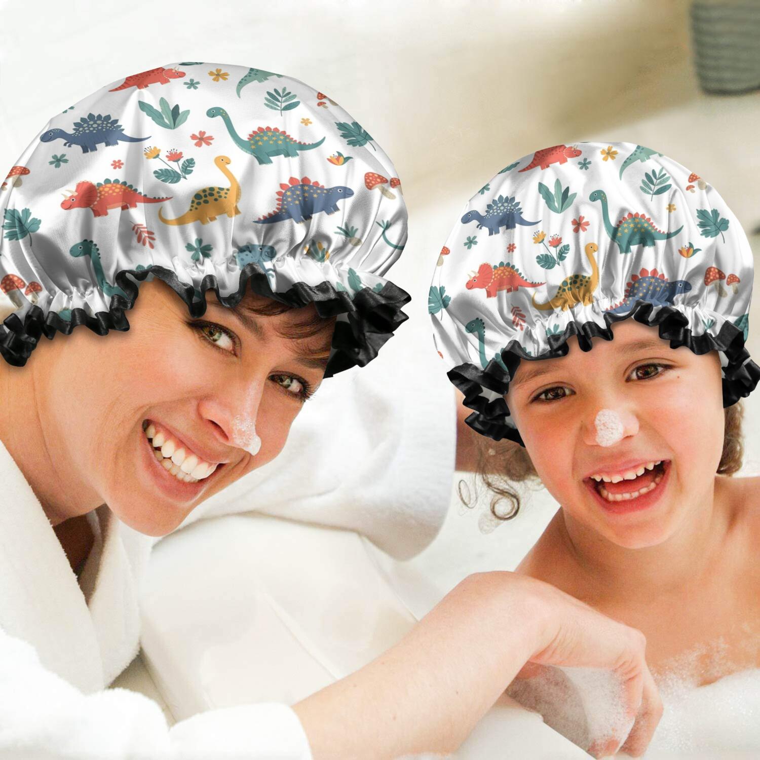 Shower Caps,White Dinosaurs Plants Mushrooms Pattern Waterproof Shower Cap for Women 4 Pieces,Double Reusable Hair Cover for Shower PEVA Elastic Stretch Hem