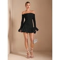 thumbnail image 3 of Black Womens Off Shoulder Long Sleeve Ruffle Mini Dress, Elegant Cocktail Dress For Parties & Dates, 3 of 7