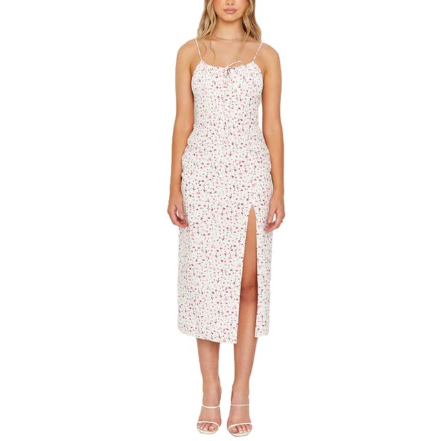 TRKIYQC Vestido midi con estampado floral para mujer, vestido delgado con abertura en el muslo, sin mangas, con tirantes finos, bustier, sin espalda TRKIYQC moda