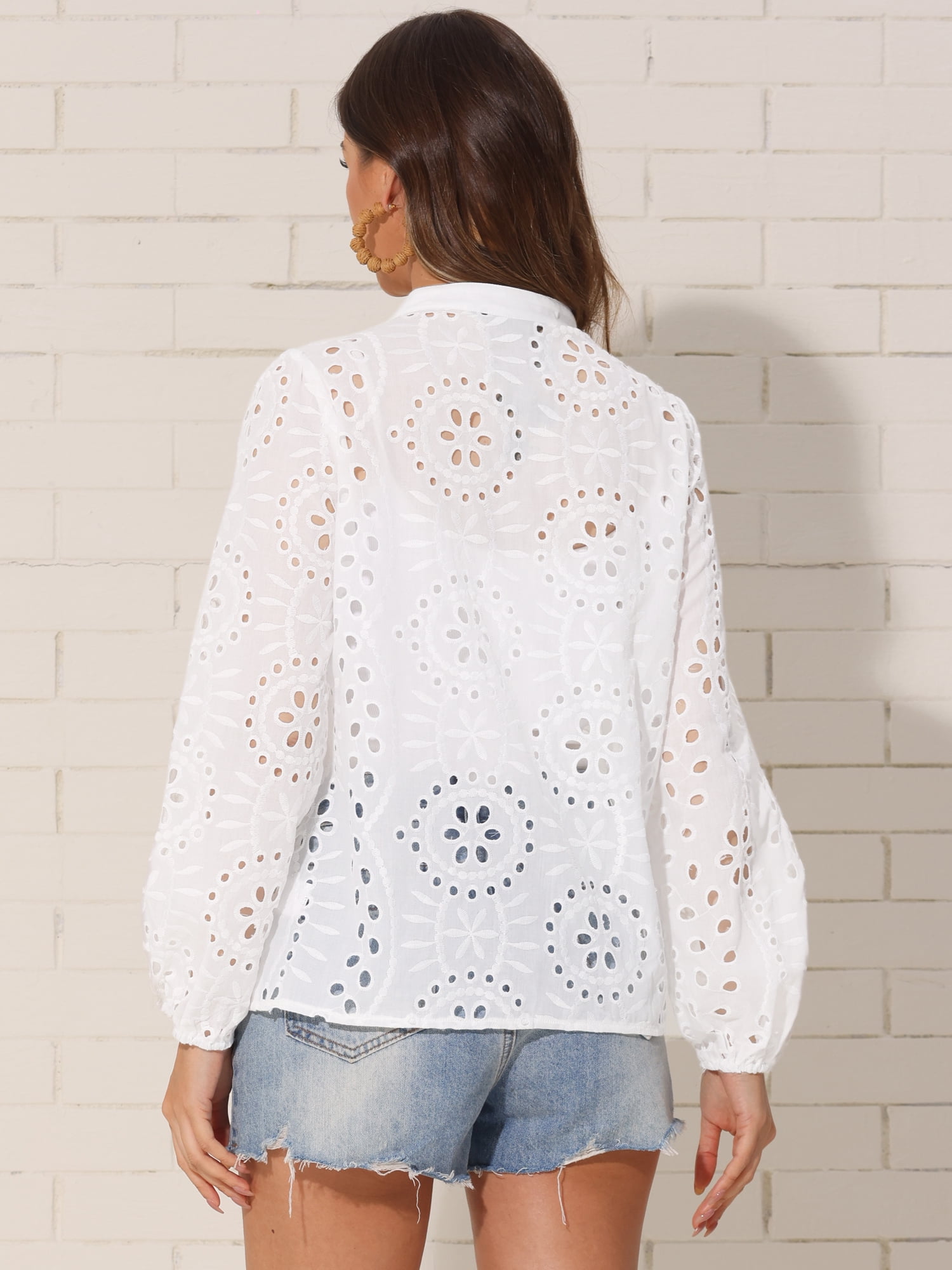 DARING DIVA Women's Puff Sleeve V Neck Hollow Out Blouse XS White