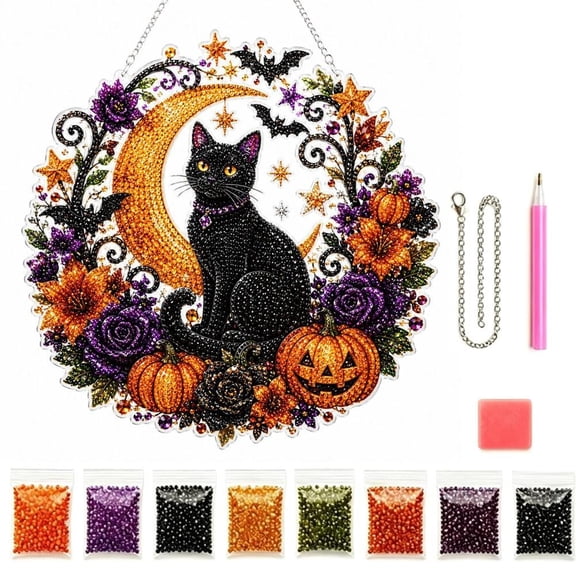 Halloween Pumpkin Cat Diamond Painting, Wreath Kit Double Sided Sparkling, DIY Fall Home Decor Wall Art with Chain, Beginner DIY Seasonal Party Gift