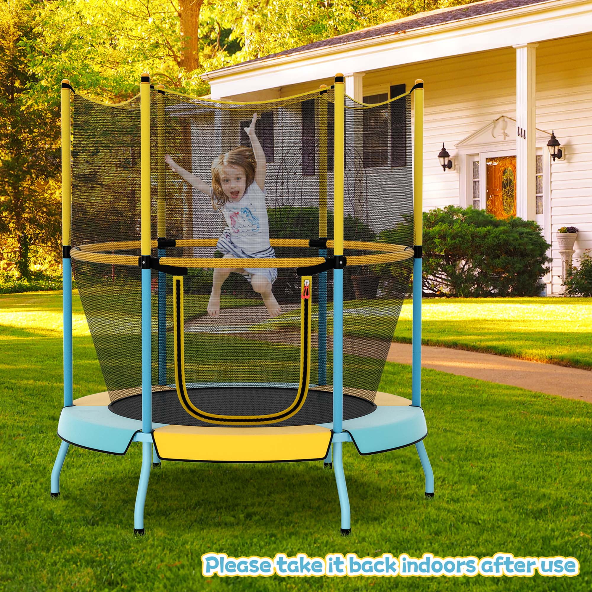 Costway Trampoline for Kid's with Safety Enclosure Net, Blue/Yellow, 52.00" x 52.00" x 55.50"
