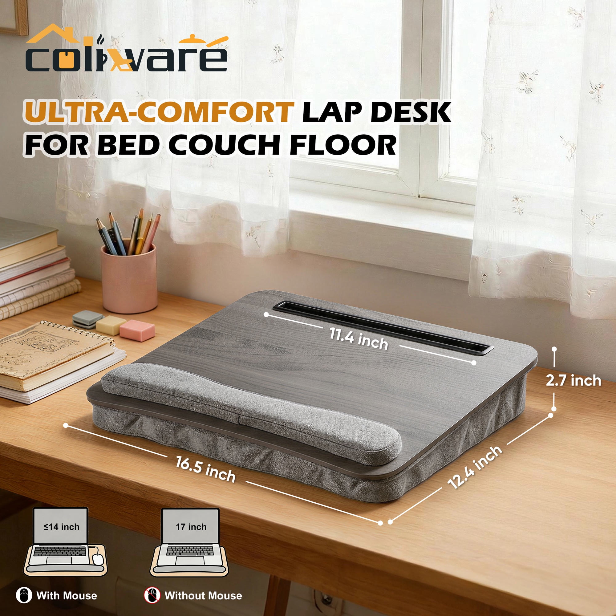 Coliware Lap Desk with Pillow Cushion, Portable Laptop Desk with Anti-Slip Strip Wrist Rest & Storage Function Fits Up to 15.6” Laptops, Laptop Stand for Home Office, Gray Book Tablet