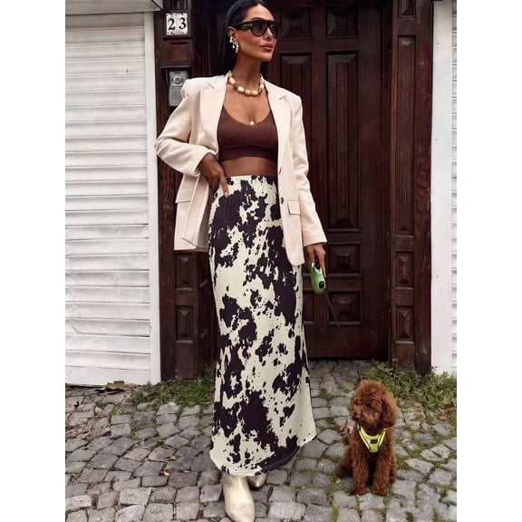 Womens Cow Print Maxi Skirt With Belted Waist In Coffee Brown