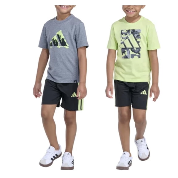 adidas Youth Boy's 3 Piece Active Outfit Set, 2 Tees and 1 Short (Green (Gray w/Green), 4T)