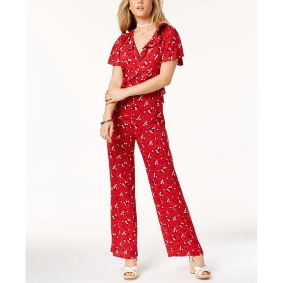 One Hart Juniors Printed Ruffled Jumpsuit Red S