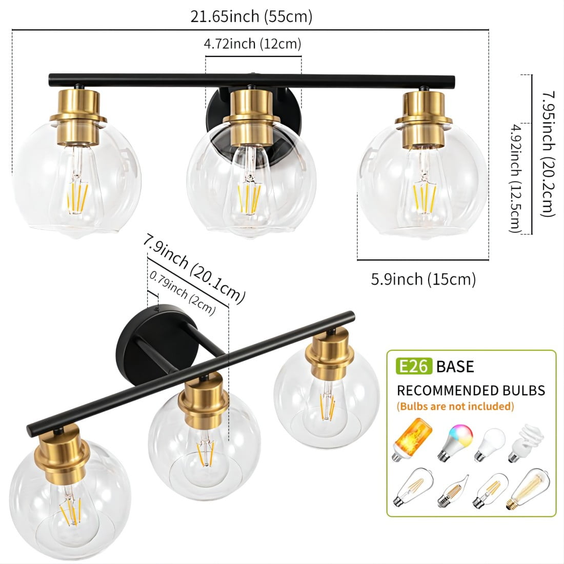 Vanity Lights for Bathroom 3 Lights Industrial Wall Mounted Mirror Wall Lights with Glass Cover