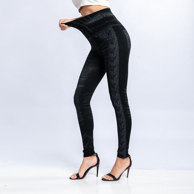 MKLEKYY Conjunto deportivo para mujer, leggings vaqueros elásticos con estampado de rayas térmicas, leggings de mezclilla de imitación, pantalones de senderismo, conjuntos de pantalones de yoga