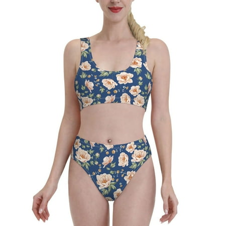 High Waisted Bikini Sets For Women  Flower Print G Two Piece Swimsuit Sporty Scoop Neck Bathing Suit