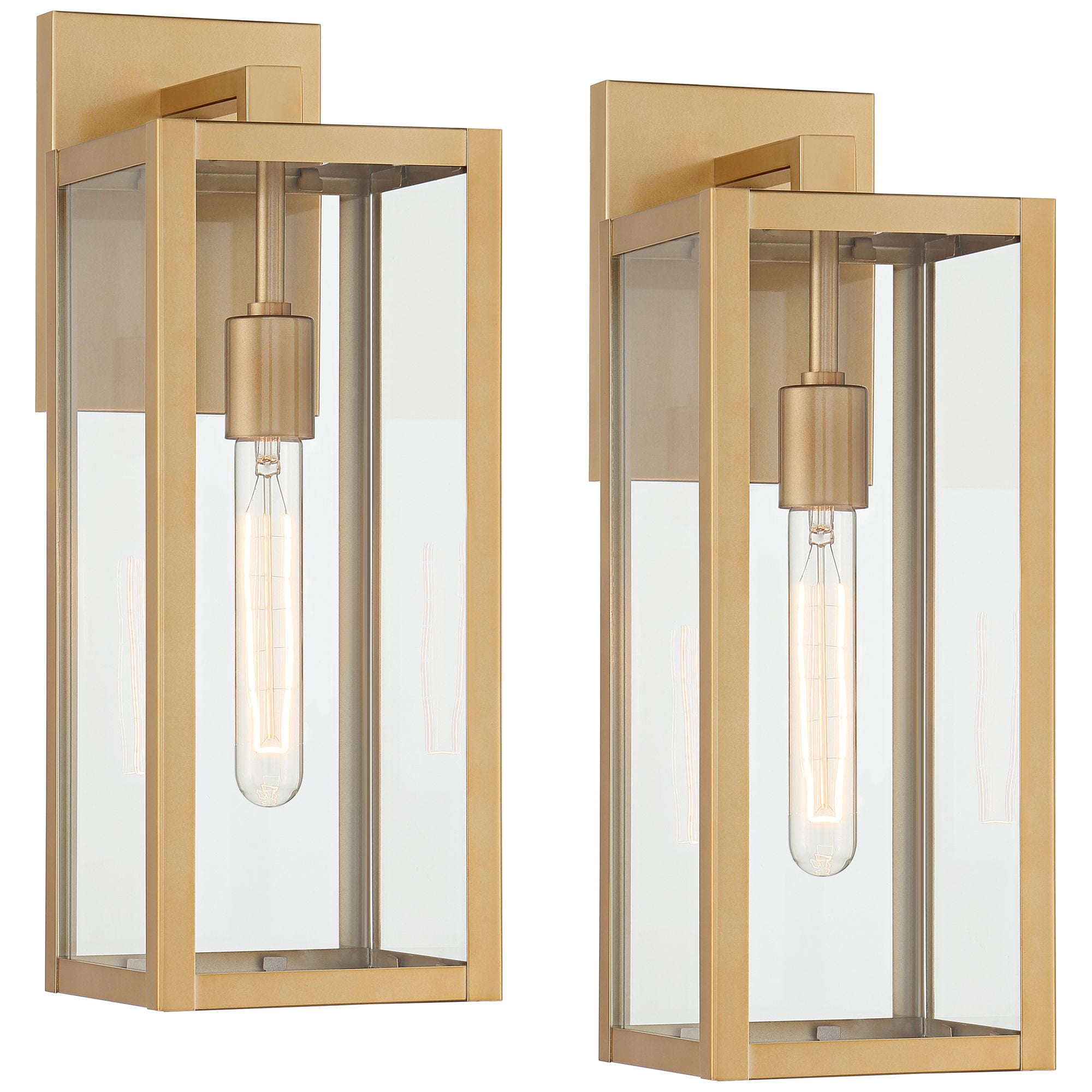 John Timberland Titan Modern Outdoor Wall Light Fixtures Set of 2 Soft Gold Rectangular Frame 17" Clear Glass for Post Exterior Barn