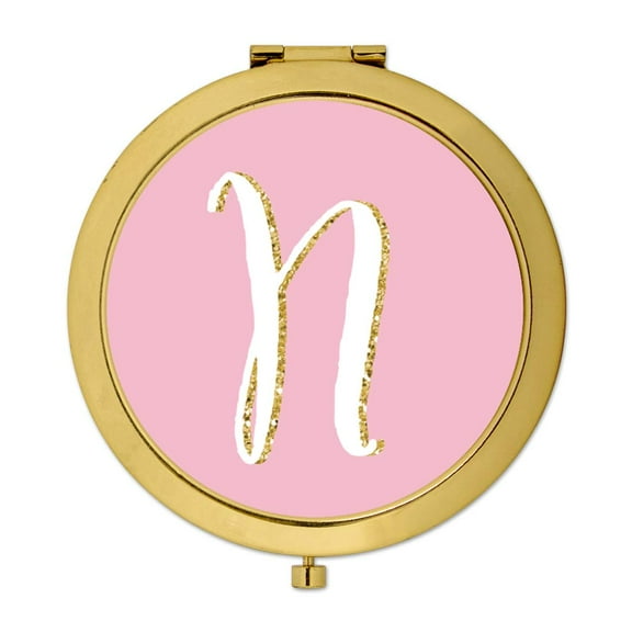 Koyal Wholesale Gold Compact Mirror Bridesmaid's Wedding Gift, Blush Pink Faux Gold Glitter, Monogram Letter N, 1-Pack