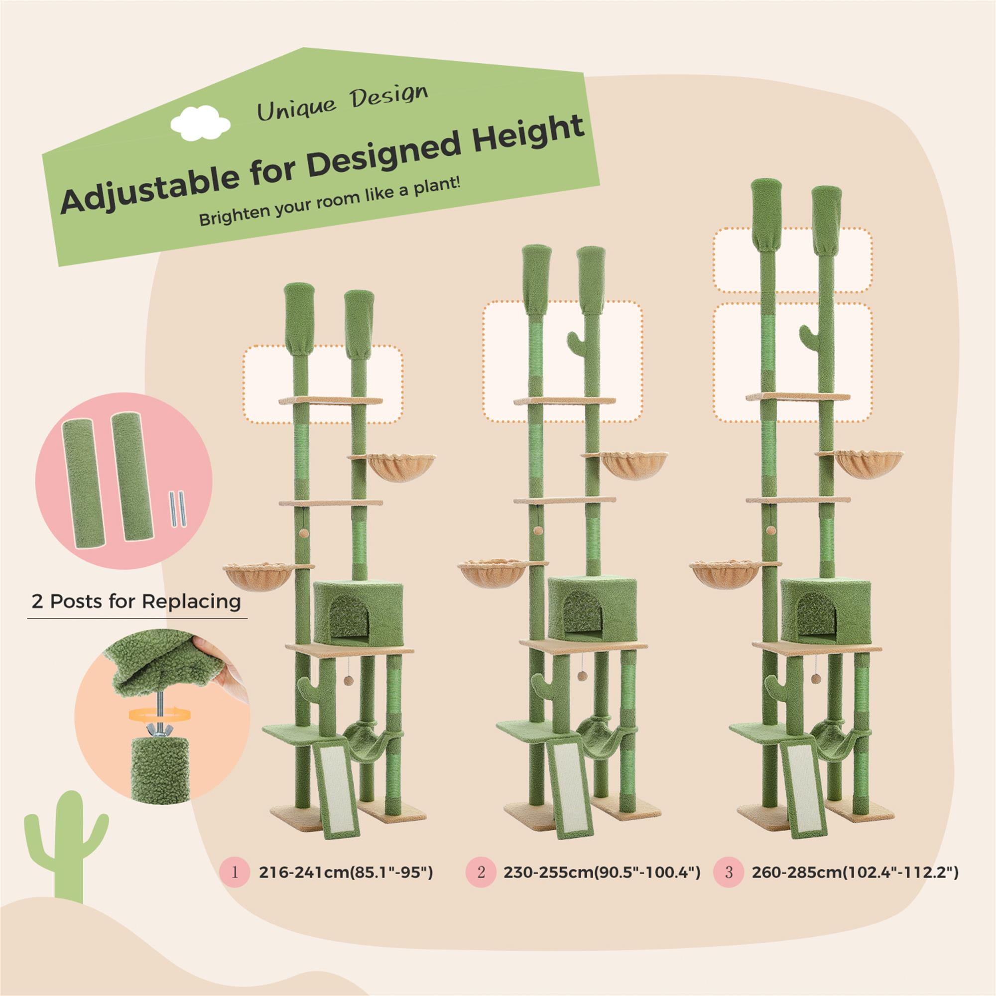 Kadyn Adjustable Height(85-112 in) Cat Tree Tower Floor to Ceiling with 7 Tiers Cat Climbing Activity Center, Cozy Hammocks, 5 Platforms for Indoor Cats, Green