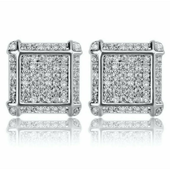 Fully Iced Hip Hop 14K White Gold-Plated Cubic Zirconia Square Men Women Stud Earrings