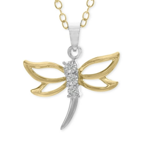Dragonfly Pendant Necklace with Diamonds in 14kt Gold-Plated Sterling Silver
