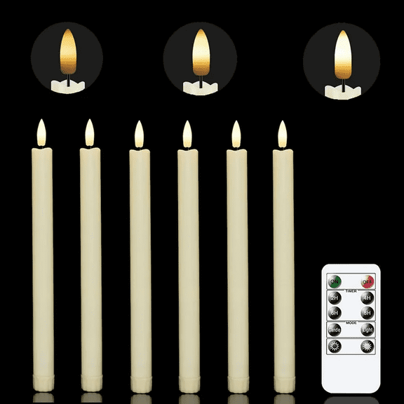 6 Pcs Flameless Taper Candles Lights with Remote, Timer,Dimmer,10 ” Ivory Taper Candles Battery Operated,Plastic Led Window Candles,for Halloween Christmas Wedding Decoration
