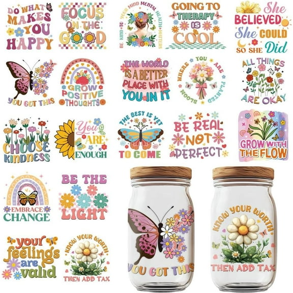 10 Sheets Boho Mental Health UV DTF Cup Wraps 10 Styles Positive Words Rub on Decals Affirmation Inspiration Quotes Stickers Waterproof Transfer Stickers for 16 OZ Glass Cups Wood Crafts