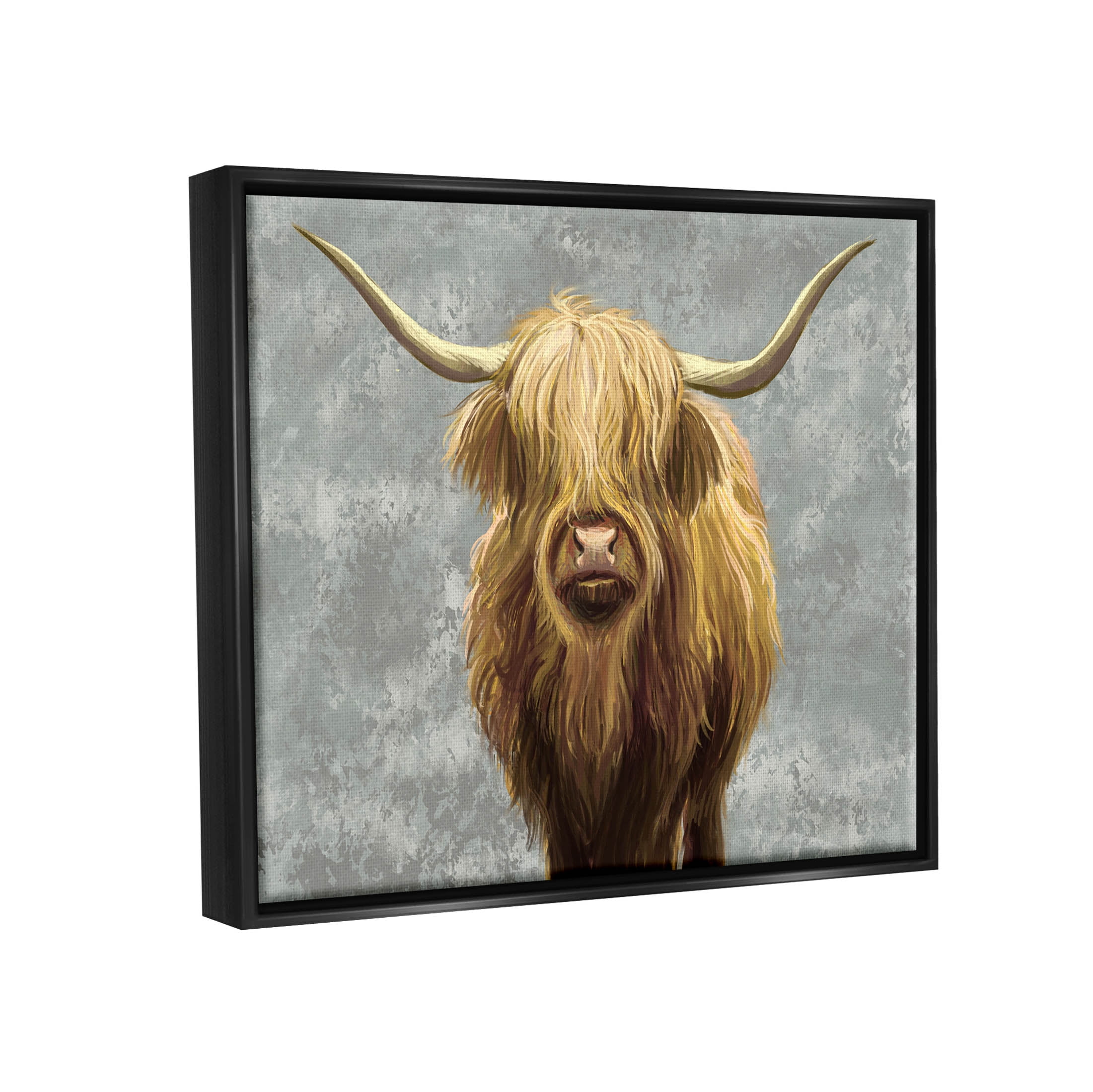 Stupell Industries Distressed Patterned Highland Cattle Graphic Art Jet Black Floating Framed Canvas Print Wall Art, Design by Ziwei Li