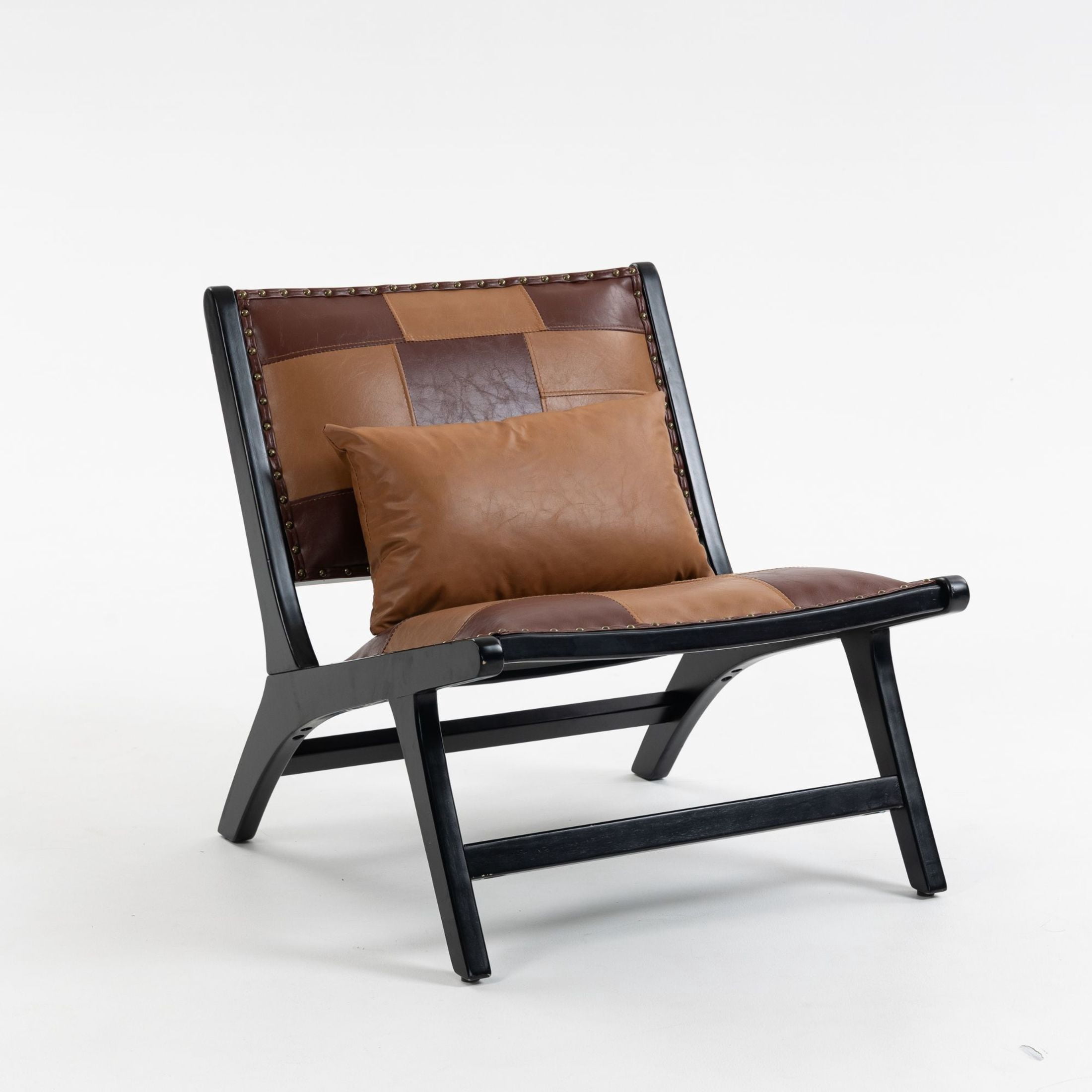 GDF Studio Alida Modern Boho Solid Wood Lounge Chair & Side Chair, PU Leather Upholstered Accent Chair, Antique Brown