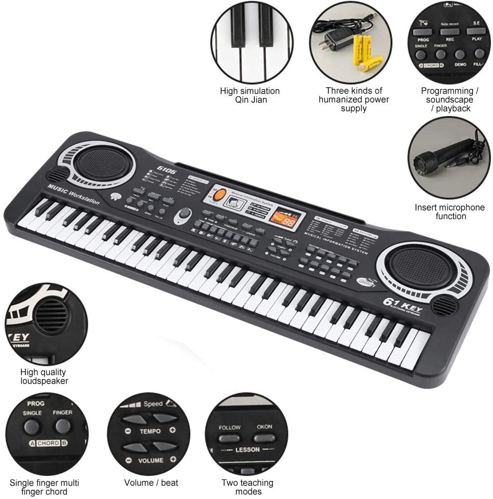 61 Key Music Electronic Keyboard Electric Digital Piano Organ with Free Microphone Black 