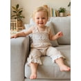 thumbnail image 6 of BemeyourBBs Toddler Baby Girls Littler Sister Outfit Summer Clothes Gingham Plaid Smocked Romper Overalls Lil Sis Letter Embroidery Sleeveless Square Neck Wide Legs Long Pants Jumpsuit Overalls, 6 of 9