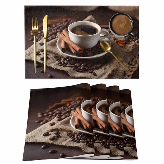 Hot Coffee Placemats Set of 4, Cinnamon Cafe Beans Latte Cup Rustic Vintage Placemats for Dining Table, Place Mats for Kitchen Tabletop, Waterproof Wipeable Dining Table Mats Set