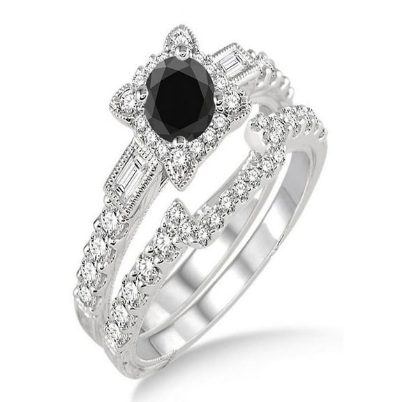 1.5 Carat Black Diamond Vintage floral Bridal Set Engagement Ring on 10k White Gold