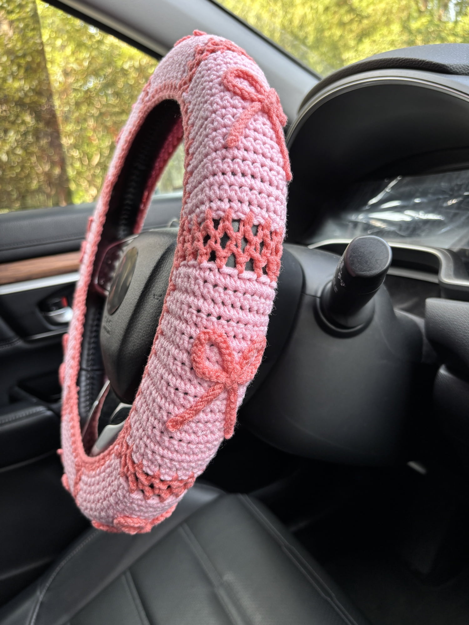 Crochet Pink Bow Car Steering Wheel Cover,Cute Car Interior Accessories