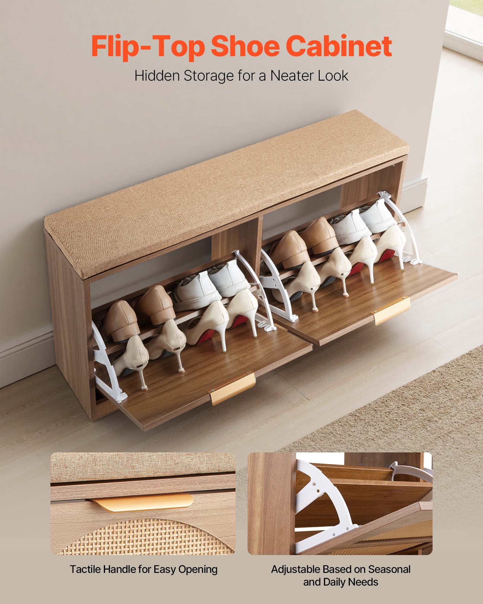 VEVOR Entryway Shoe Bench, 38.9 x 9.4 x 19.7 Inch Rattan-Like Shoes Bench with Flip Drawers, 440lbs Shoe Storage Rack with Cushion, 4 Compartments and Rattan Doors, for Hallway, Living Room, Bedroom